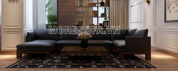 Ghế sofa góc gỗ bọc da màu đen